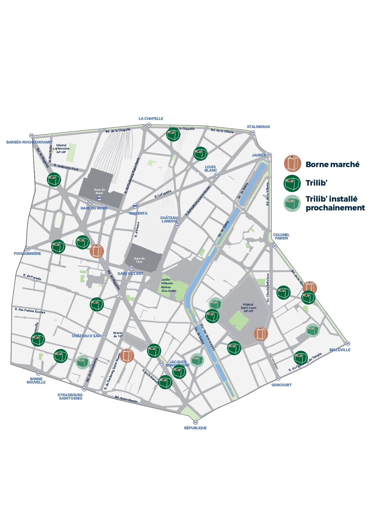 Carte signalant l'emplacement des nouvelles bornes Trilib'