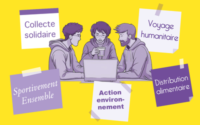 Jeunes gens autour d'un ordinateur réfléchissant à un projet d'association 
