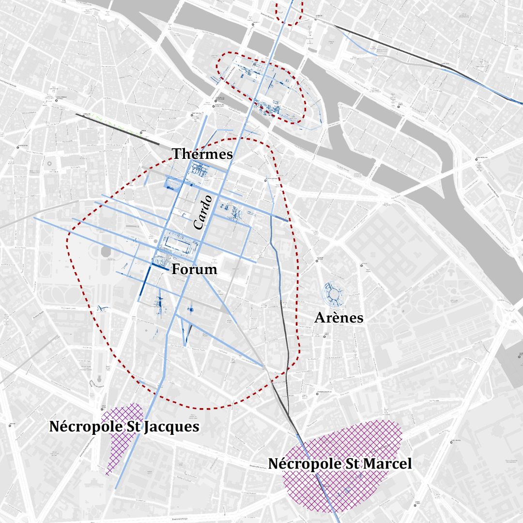 plan de Lutèce sur lequel sont découverts les vestiges archéologiques découverts