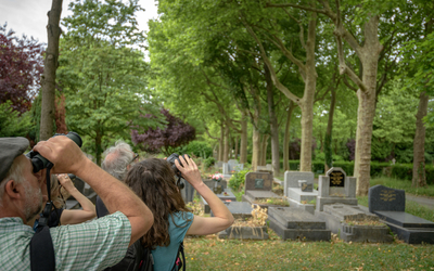 Des visiteurs observent avec des jumelles la cime des arbres