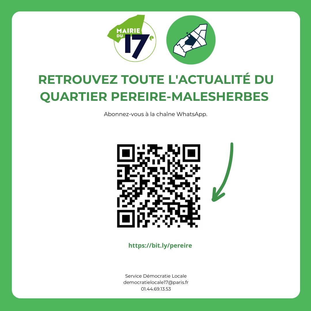 Affiche verte pour rejoindre la chaine Whatapp du CQ pereire-Malesherbes