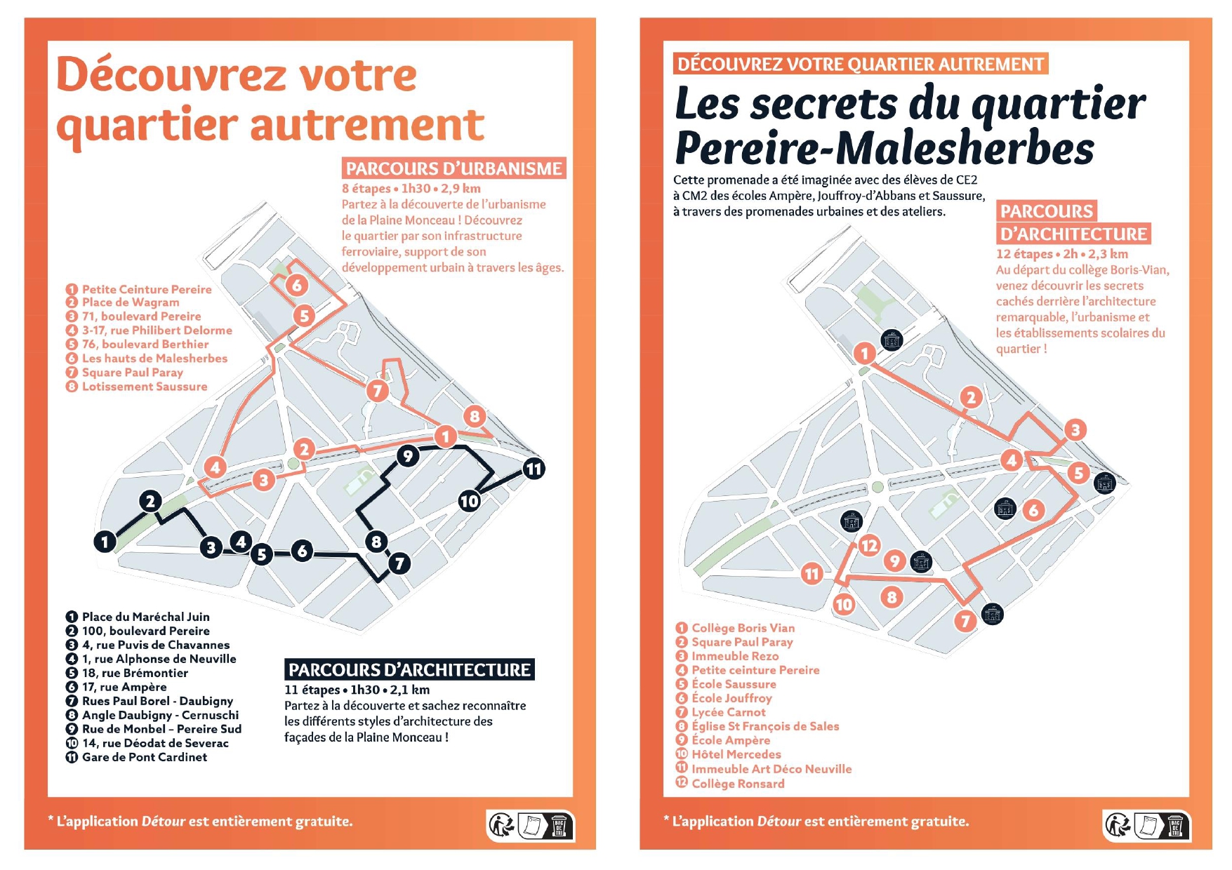 Présentation orange des trois parcours détours du CQ Pereire-Malesherbes