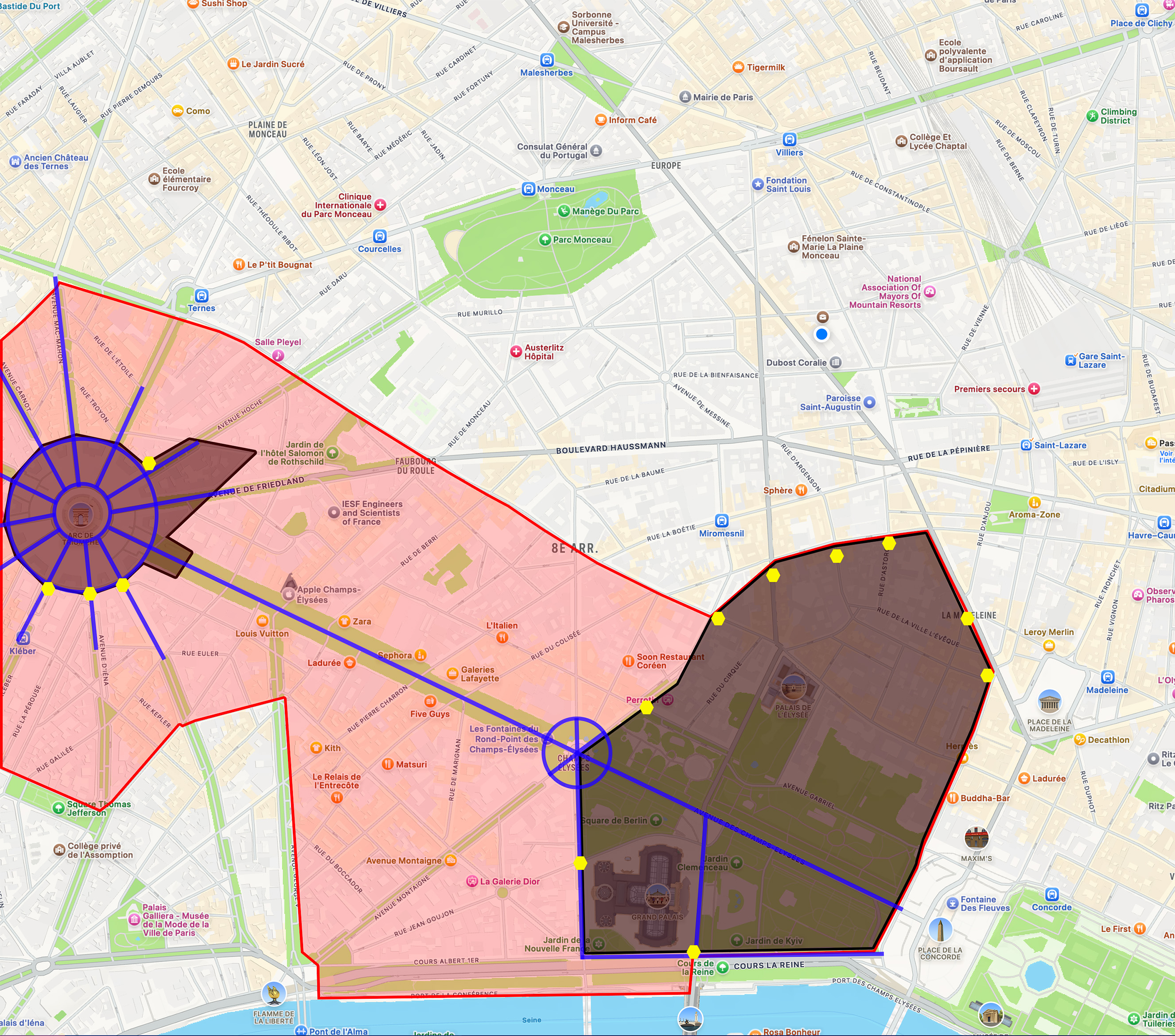 Carte de l'arrondissement avec des zones noires, rouges et bleues 