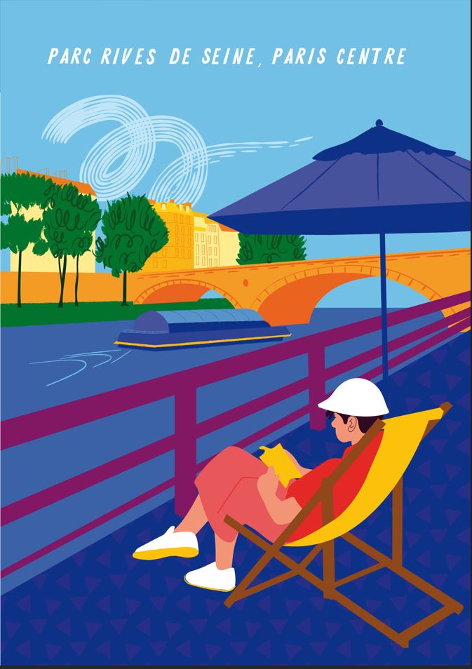 Dessin d'une personne en train de lire sur un transat face à la Seine