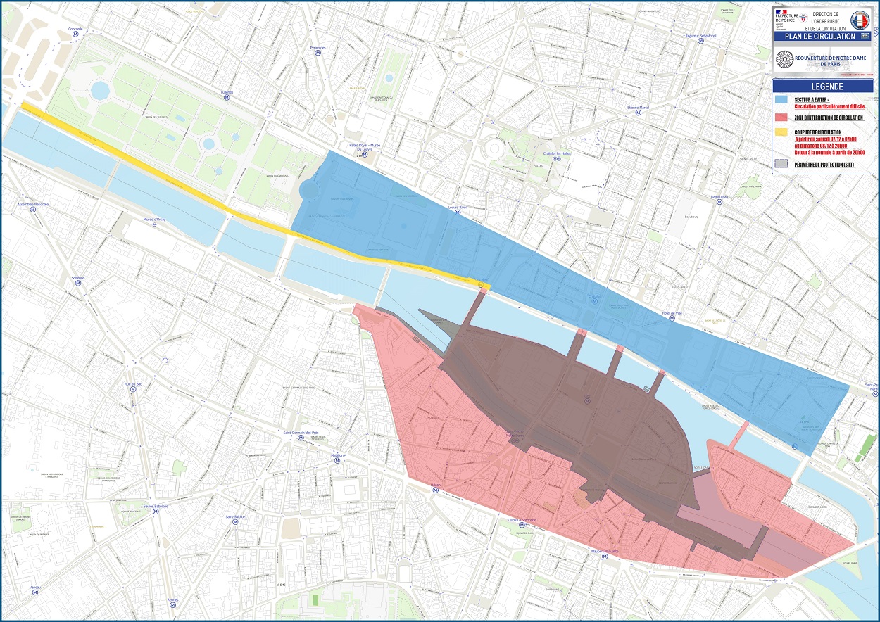 Carte fournie par la préfecture pour la circulation des 7 et 8 décembre autour de Notre-Dame.