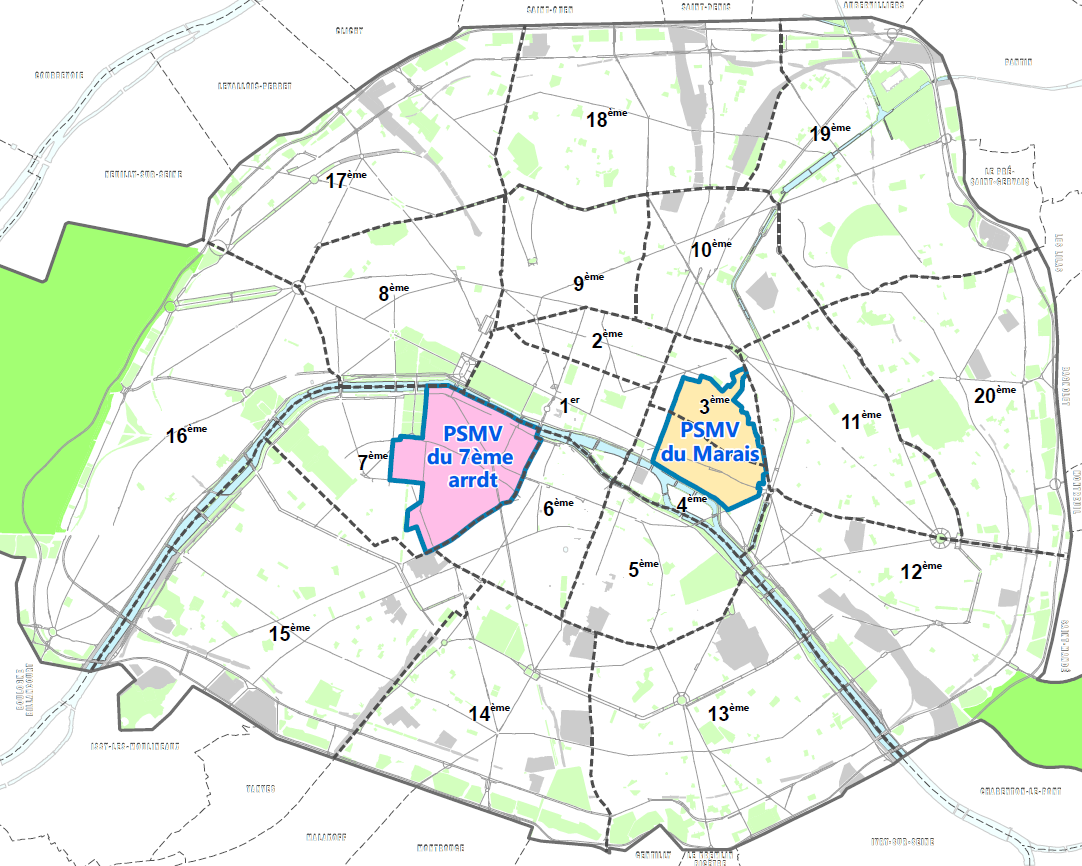 Carte de paris avec les 2 secteurs de PSMV identifiés