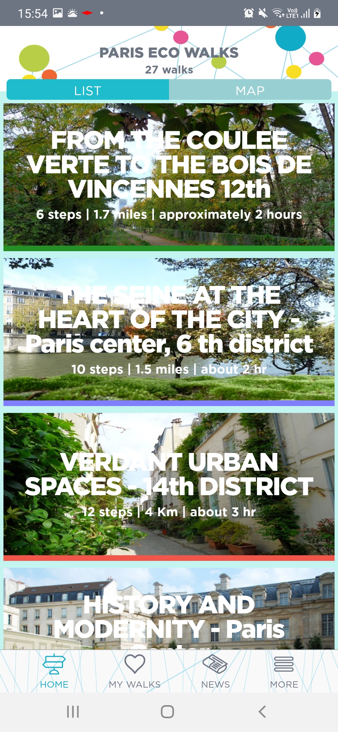 Screenshot of the available walks on the Paris Eco Walks app