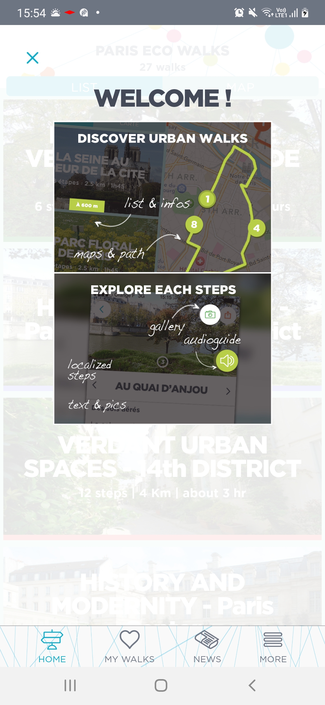 Paris Eco Walks app welcoming screenshot
