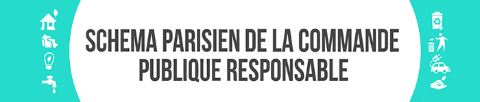 Texte ecrit " Schema Parisien de la Commande Publique Responsable" sur fond blanc entouré de pictogrammes sur un fond couleur cyan.