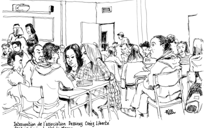 Dessin en noir et blanc avec des jeunes dans un lycée