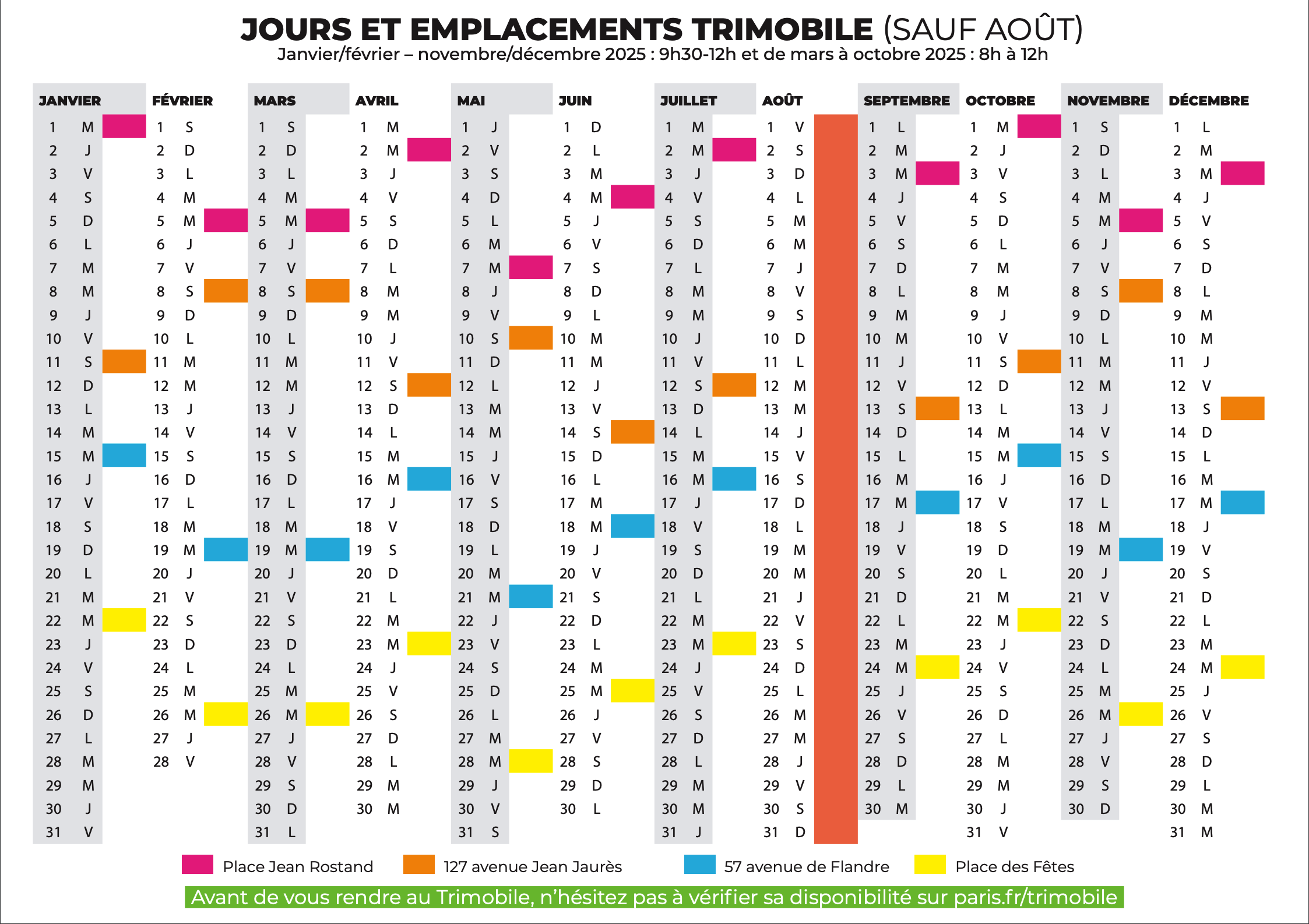 Calendrier expliquant les jours et emplacements de la Trimobile