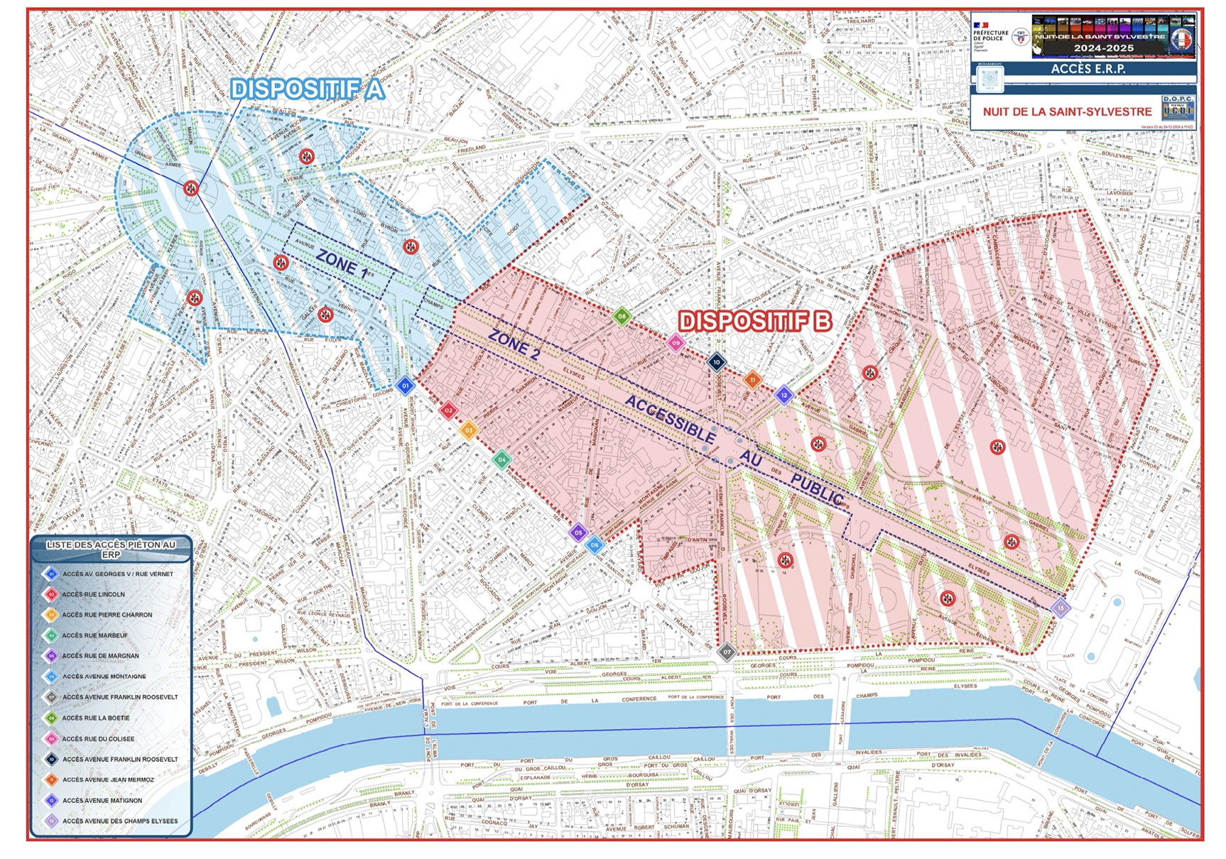 Carte présentant une zone rouge et une zone bleu dans le quartier des Champs Elysées