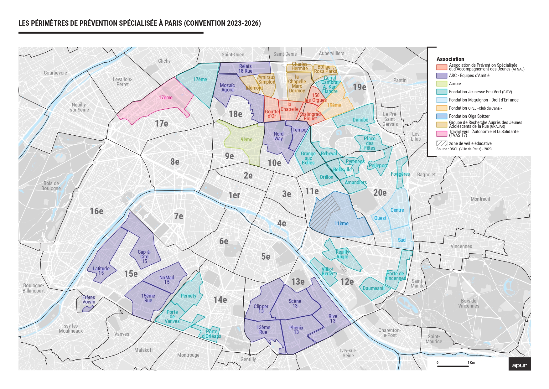 Carte de Paris découpée en secteurs en fonction de l'intervention des équipes éducatives en prévention spécialisée.