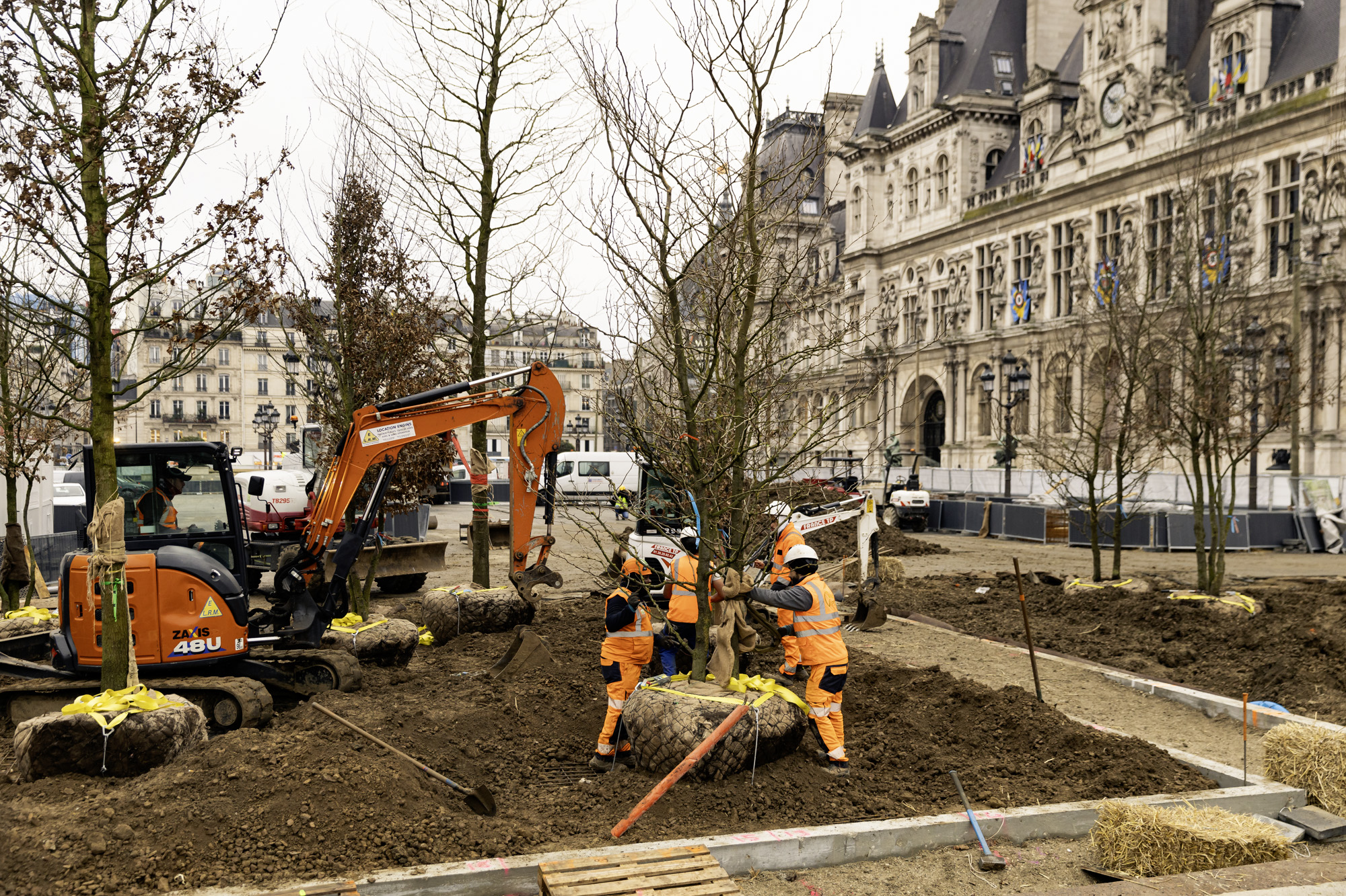 Chantier de plantation de la forêt urbaine sur le parvis de l'Hôtel de Ville.