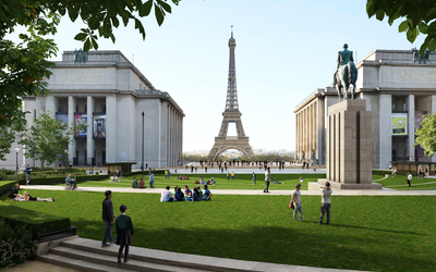 Vue sur le trocadéro végétalisé et piétonnisé 