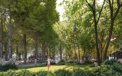 Une vue de la future forêt urbaine de la place du Colonel Fabien, avec un focus sur des enfants jouant dans la clairière