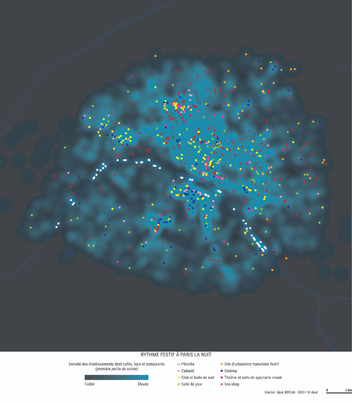 Carte montrant la concentration de lieux festifs à Paris, la nuit.