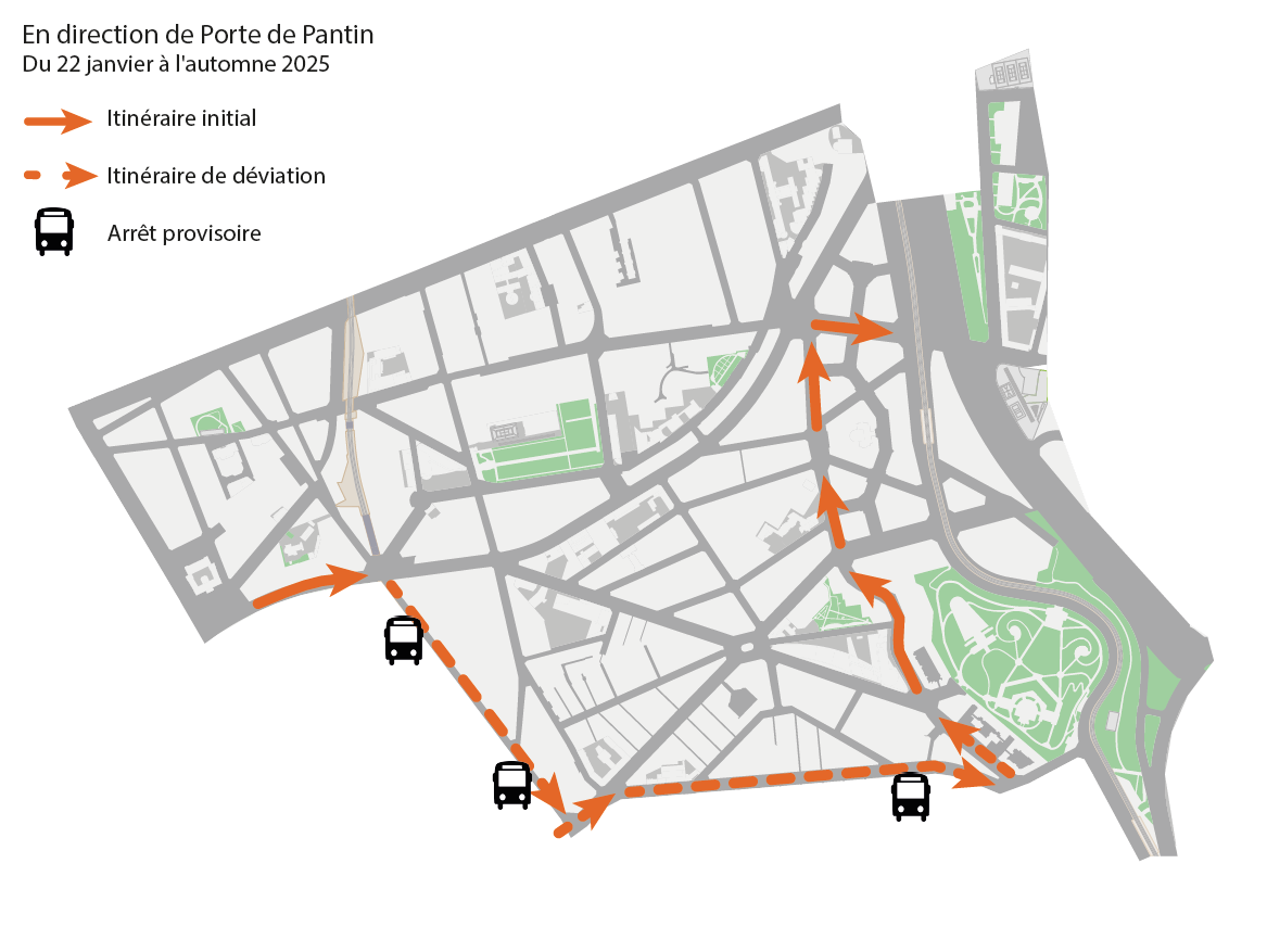 Plan de déviation bus 75 en direction de Panthéon du 22 janvier à l'automne 2025