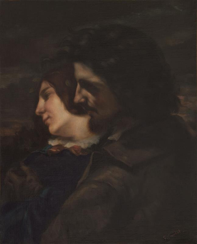 Courbet (1819-1877) tient dans ses bras une jeune femme identifiée comme sa compagne, Virginie Binet. La couronne de liserons verts ornant les cheveux de la jeune femme évoque une promenade dans la campagne qui s'achève au crépuscule. Les dernières lueurs du soir colorent encore le ciel. Les visages, plus vivement éclairés, sont traités en parfaits profils, à la manière des médailles.