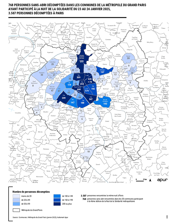 Carte géographique du nombre de personnes à la rue décomptées dans la Métropole du Grand Paris