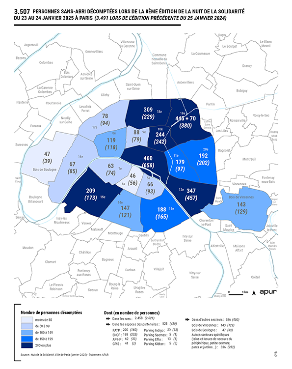 Répartition  par arrondissement des 3507 personnes sans abri décomptées