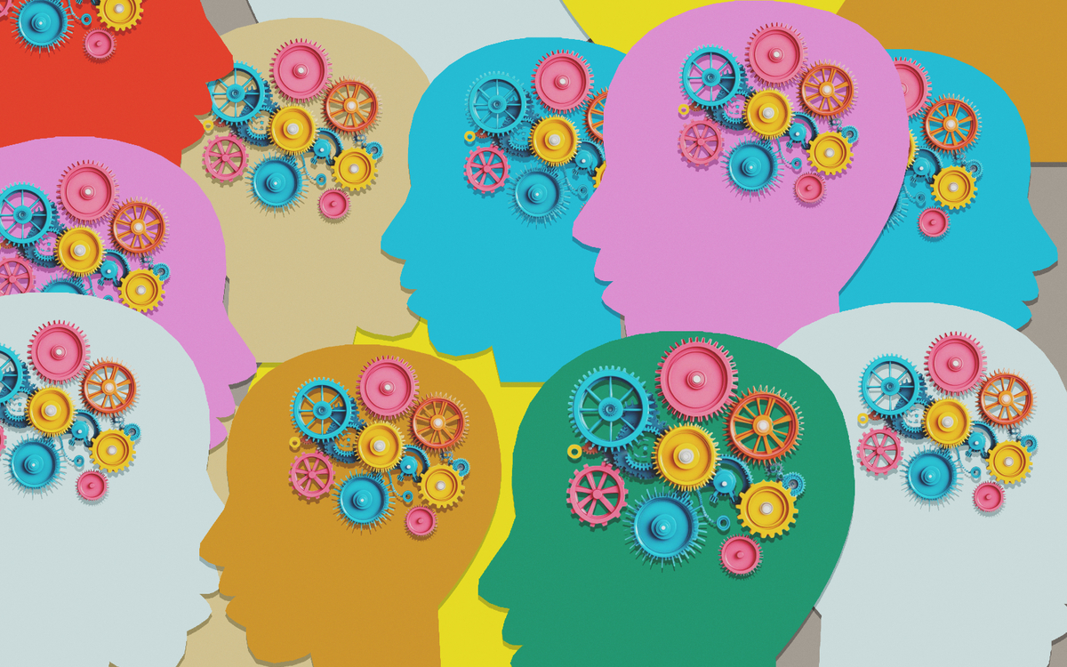 illustration représentant divers  têtes de couleurs différentes avec des rouages dans le cerveau, afin d'expliquer la santé mentale.