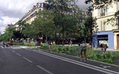 Photomontage du projet d'aménagement de l'avenue Parmentier , avec vue sur la piste cyclable et les bandes plantées