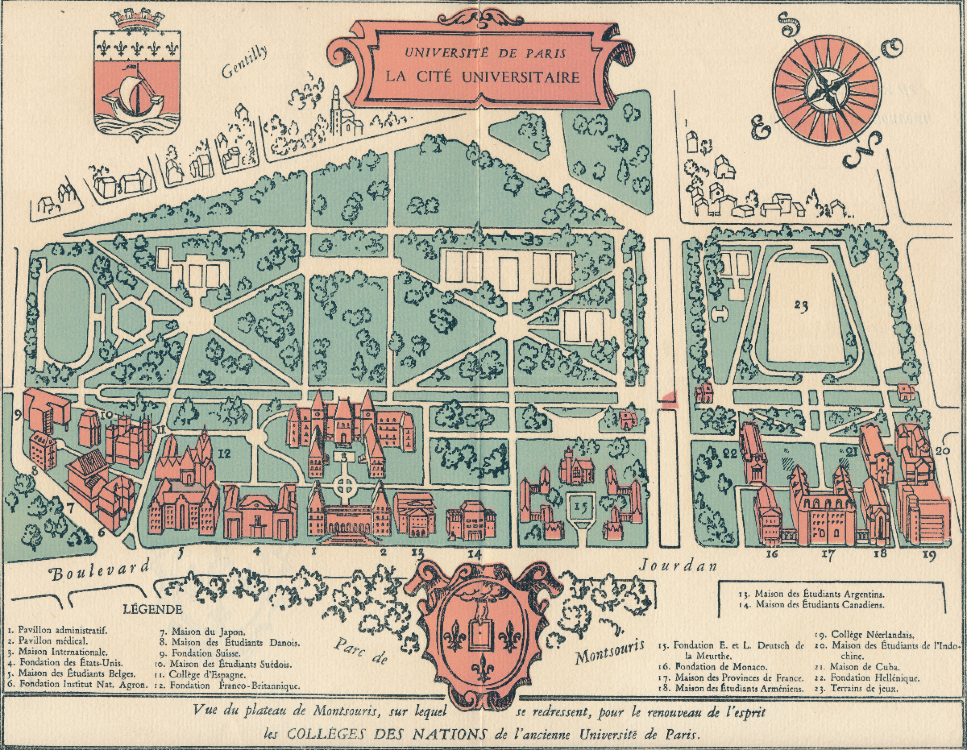 Illustration du plan de la Cité universitaire alors qu'elle ne comprenait encore que 22 pavillons et maisons.