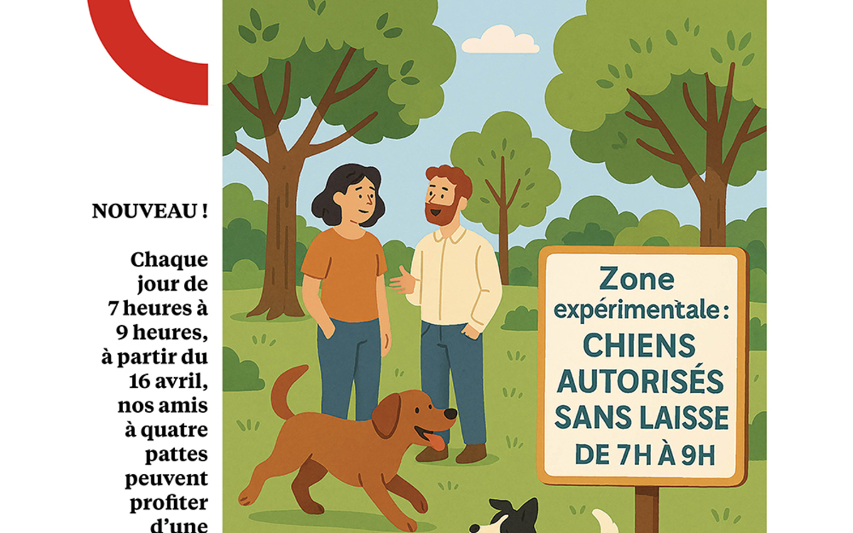 Affiche avec un huit en rouge et une illustration de chiens dans un parc