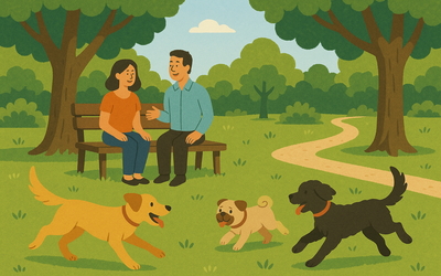 Deux personnes sur un banc devant des chiens en liberté