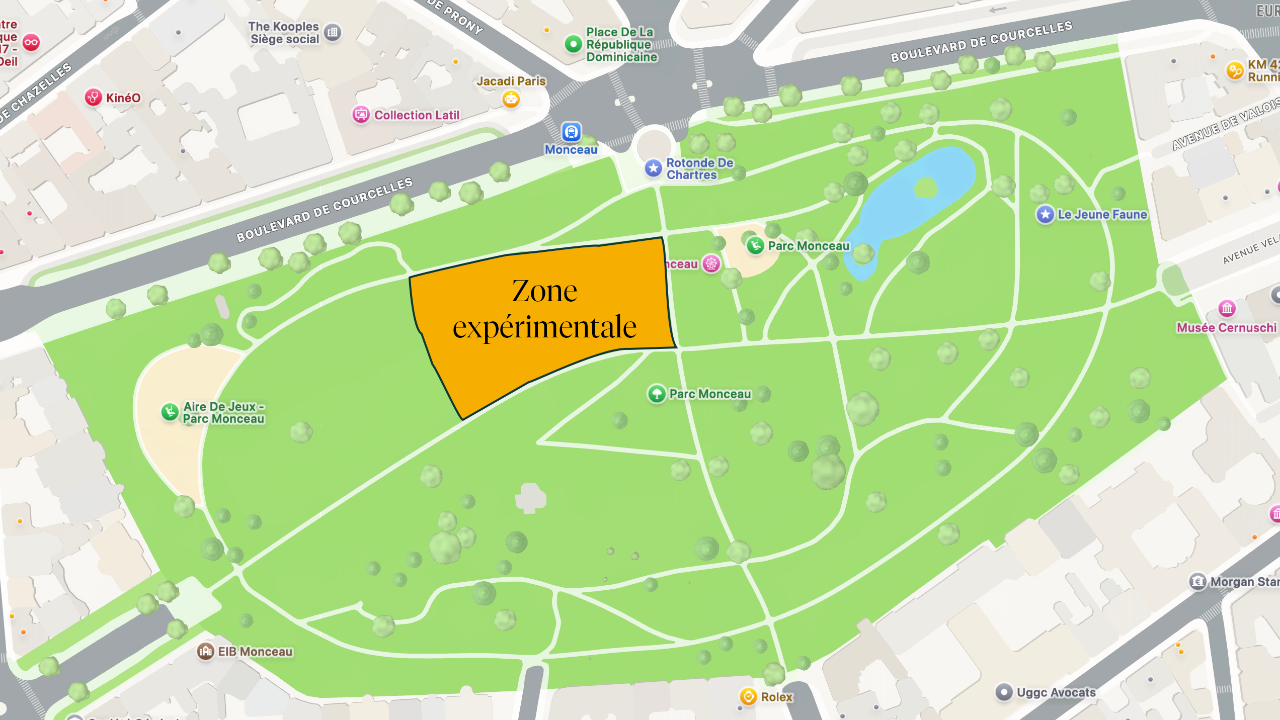 Carte du parc monceau avec une zone en orange