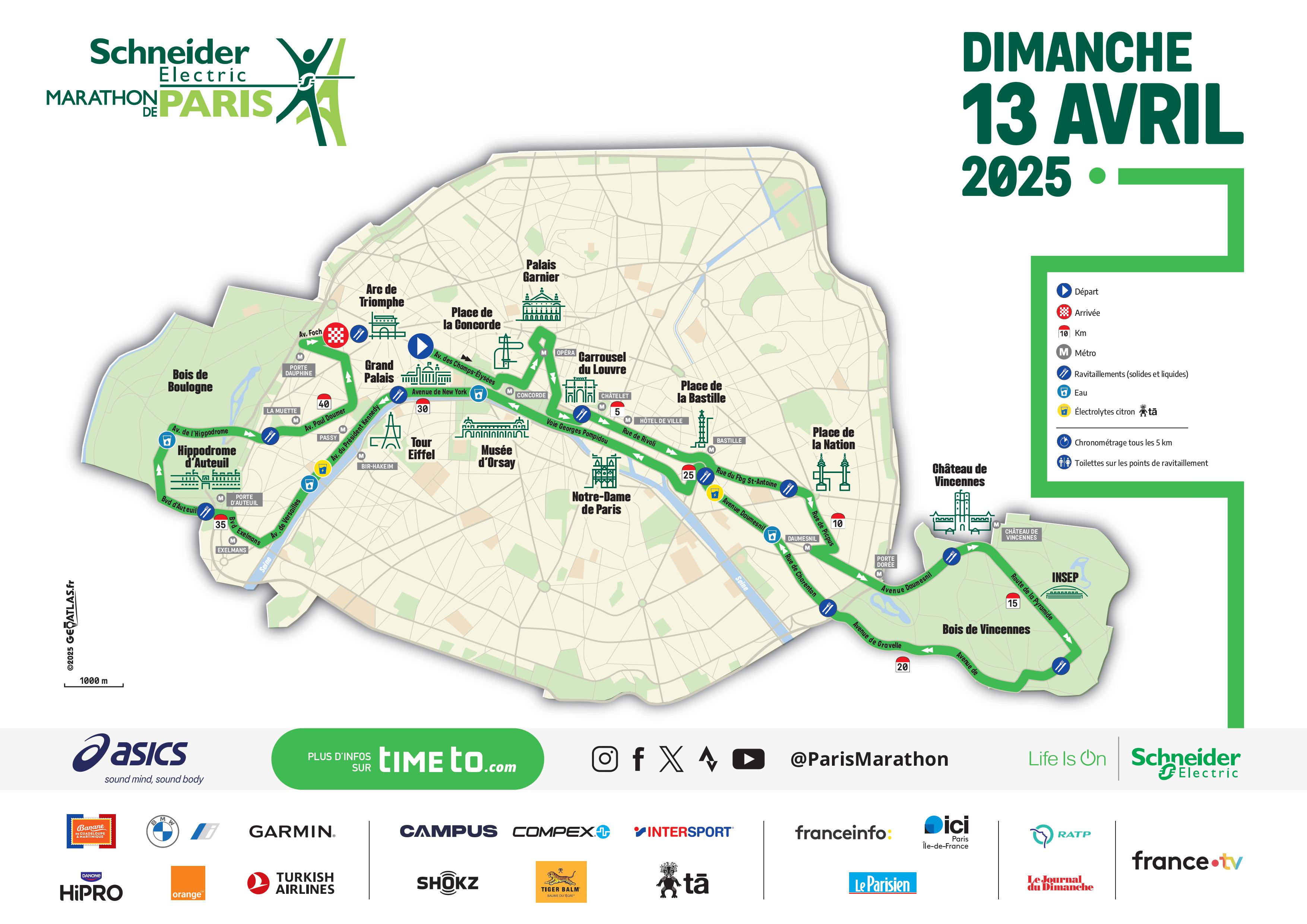 carte de Paris indiquant le parcours du Marathon de Paris 2025