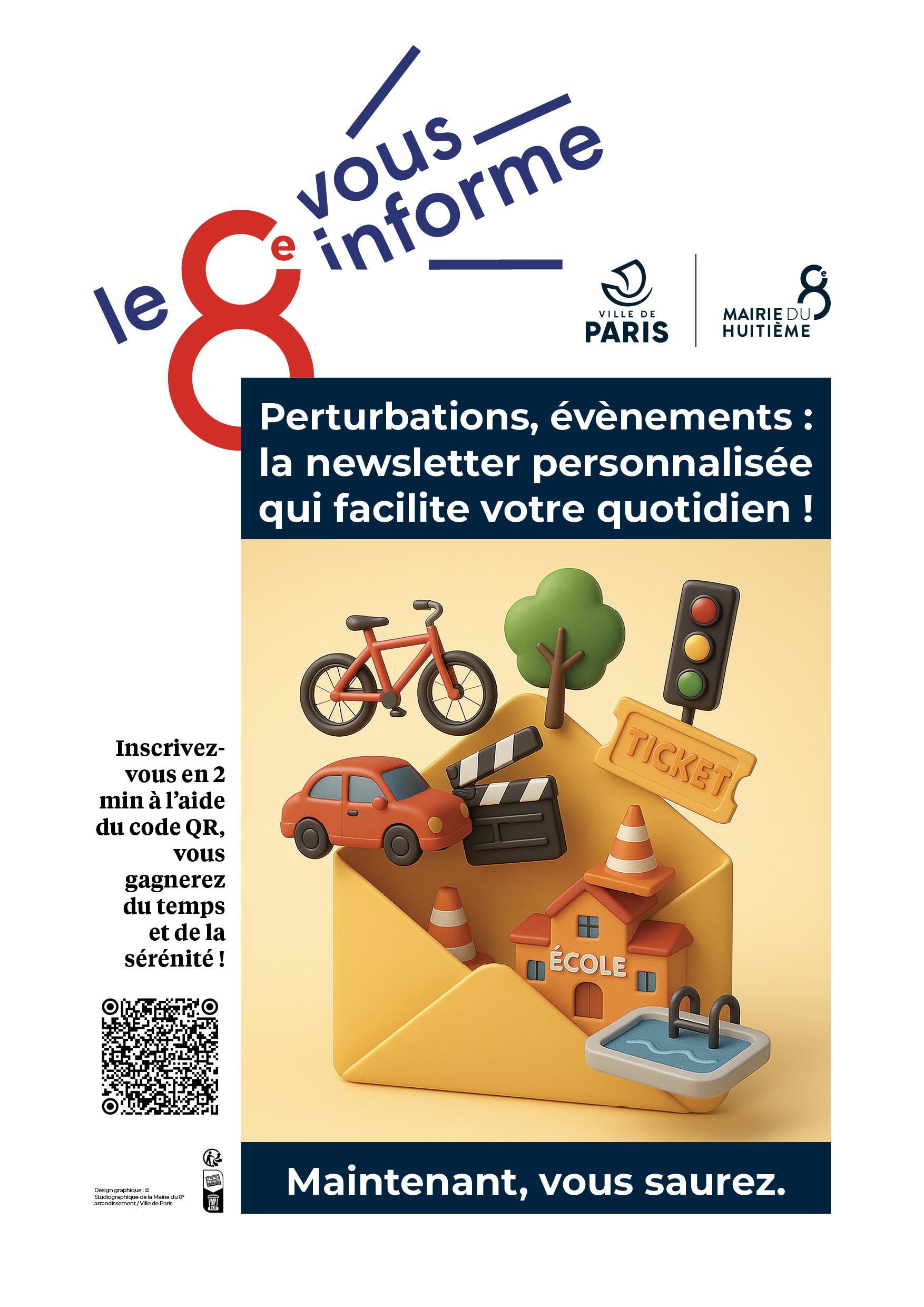 Affiche présentant une enveloppe de laquelle sortent des objets du quotidien.