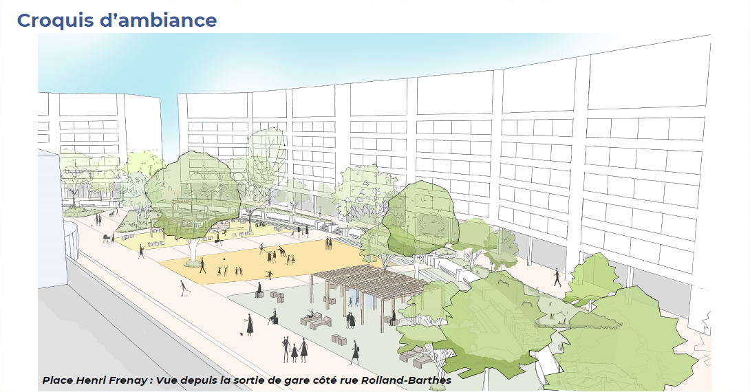 croquis donnant à voir les ombrières, jeux d'enfants et autres aménagements potentiels de la place Henri Frenay