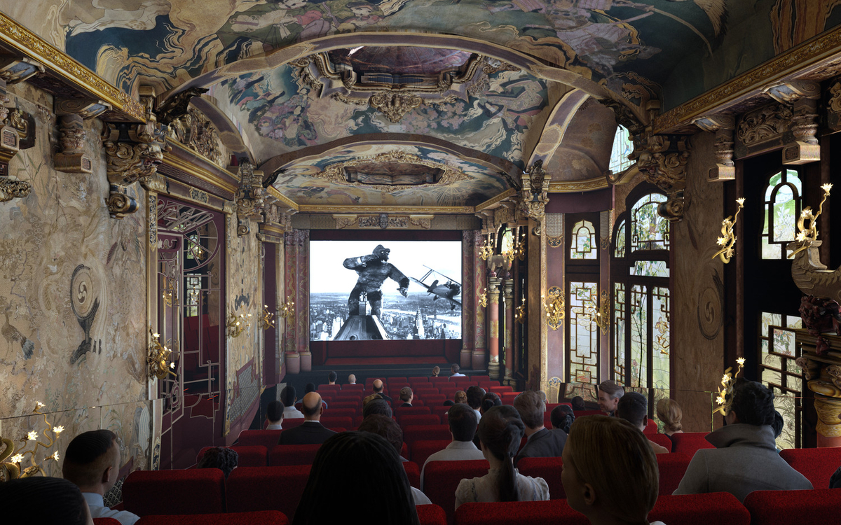 salle de cinéma avec le film King Kong sur l'écran