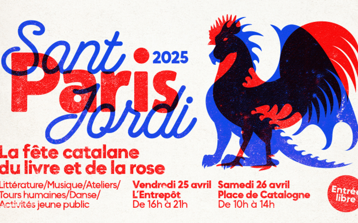 Affiche de la Sant Jordi 2025 : la fête catalane du livre et de la rose avec un dessin graphique d'un coque et d'un dragon mis en superposition
