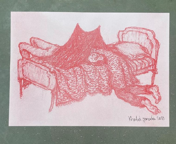 Impression risographie de Khaled Jarada, Je ne vois rien sous la couverture, 2024. 