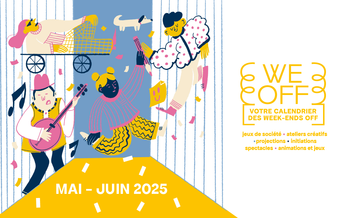 Bannière du calendrier WEOFF avec des personnages faisant divers activités (danse, musique etc.)