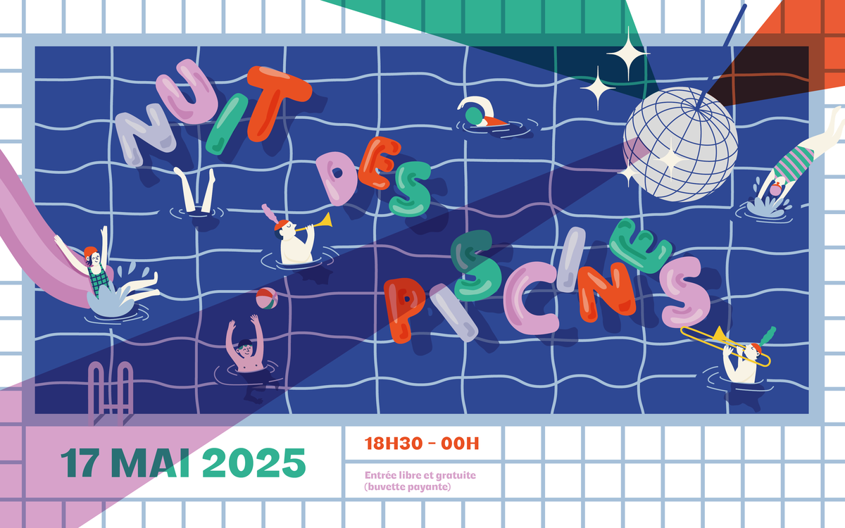 Affiche nuit des piscines en lettres capital avec des illustrations mettant en scènes des nageurs et plongeurs