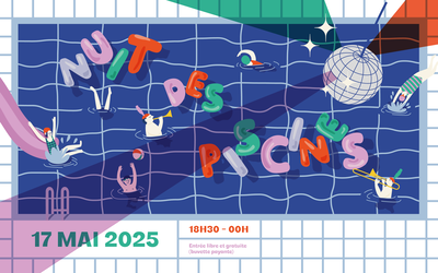 Affiche nuit des piscines en lettres capital avec des illustrations mettant en scènes des nageurs et plongeurs