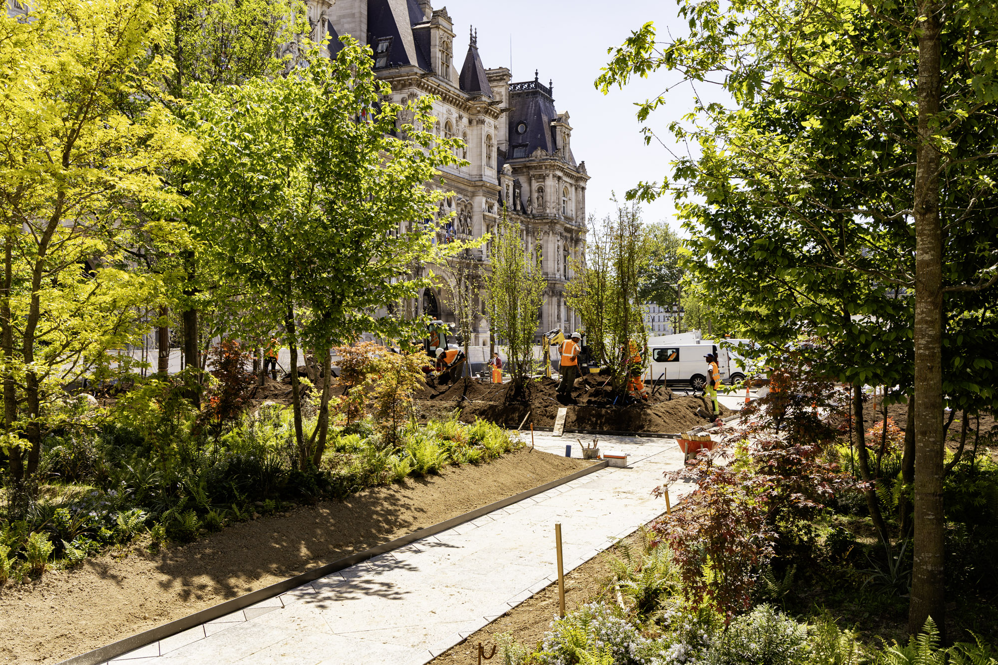 Chantier de plantation de la forêt urbaine sur le parvis de l'Hôtel de Ville