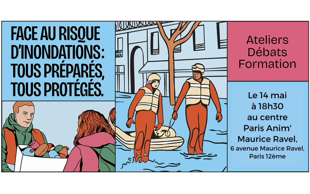 Un visuel annonçant l'événement et représentant des secouristes en pleine action durant une inondation