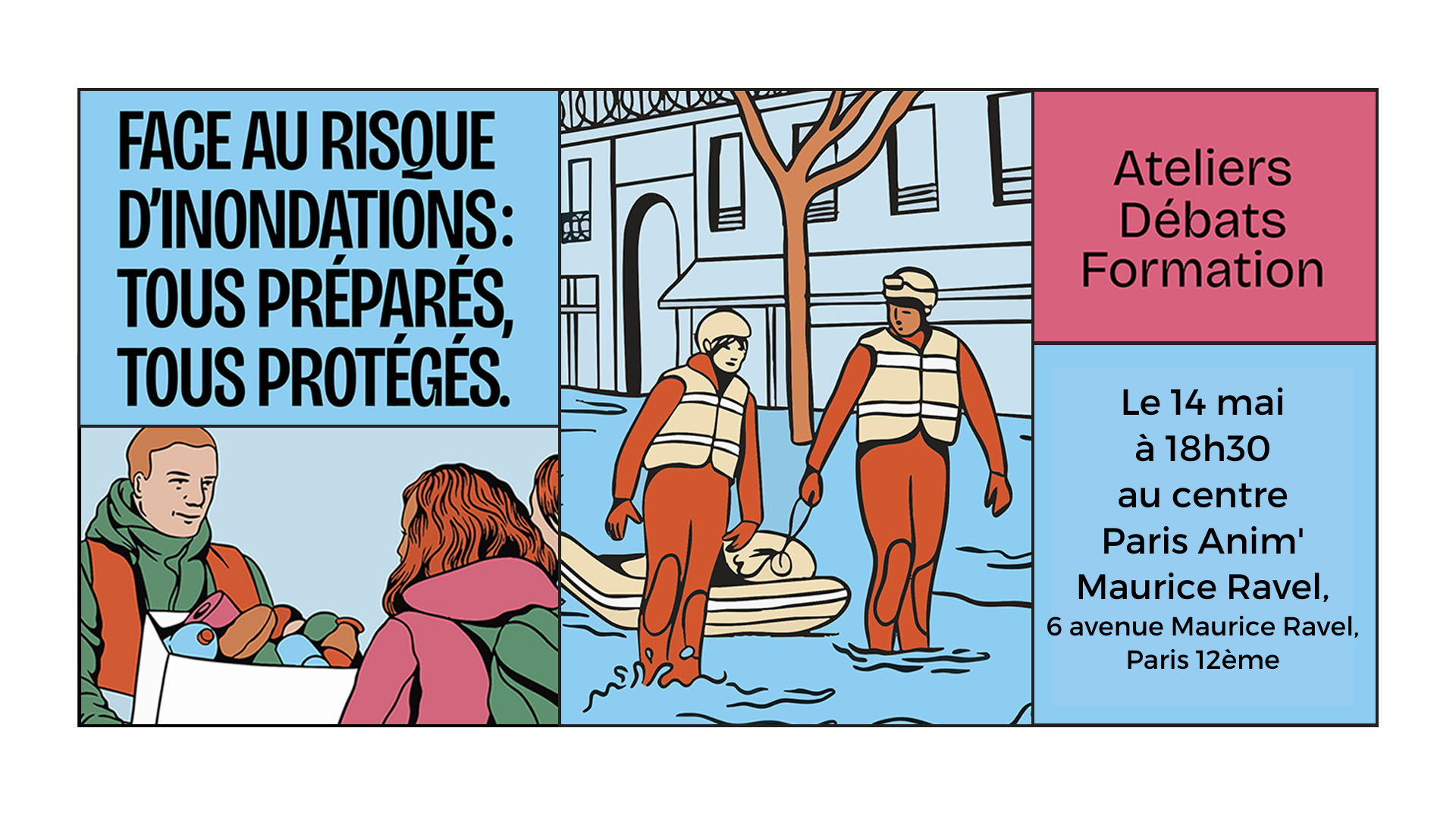 Un visuel annonçant l'événement et représentant des secouristes en pleine action durant une inondation