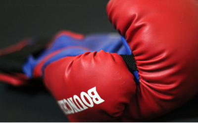 Photographie par Victoire Tinayre d'un gant de boxe, en gros plan, rouge et bleu à l'intérieur