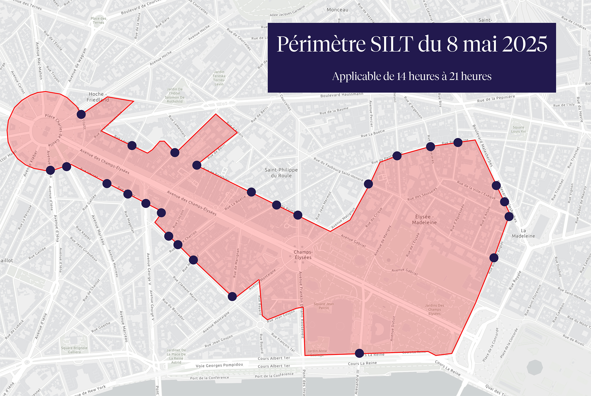 Carte du 8e arrondissement avec une zone rouge et des points bleus