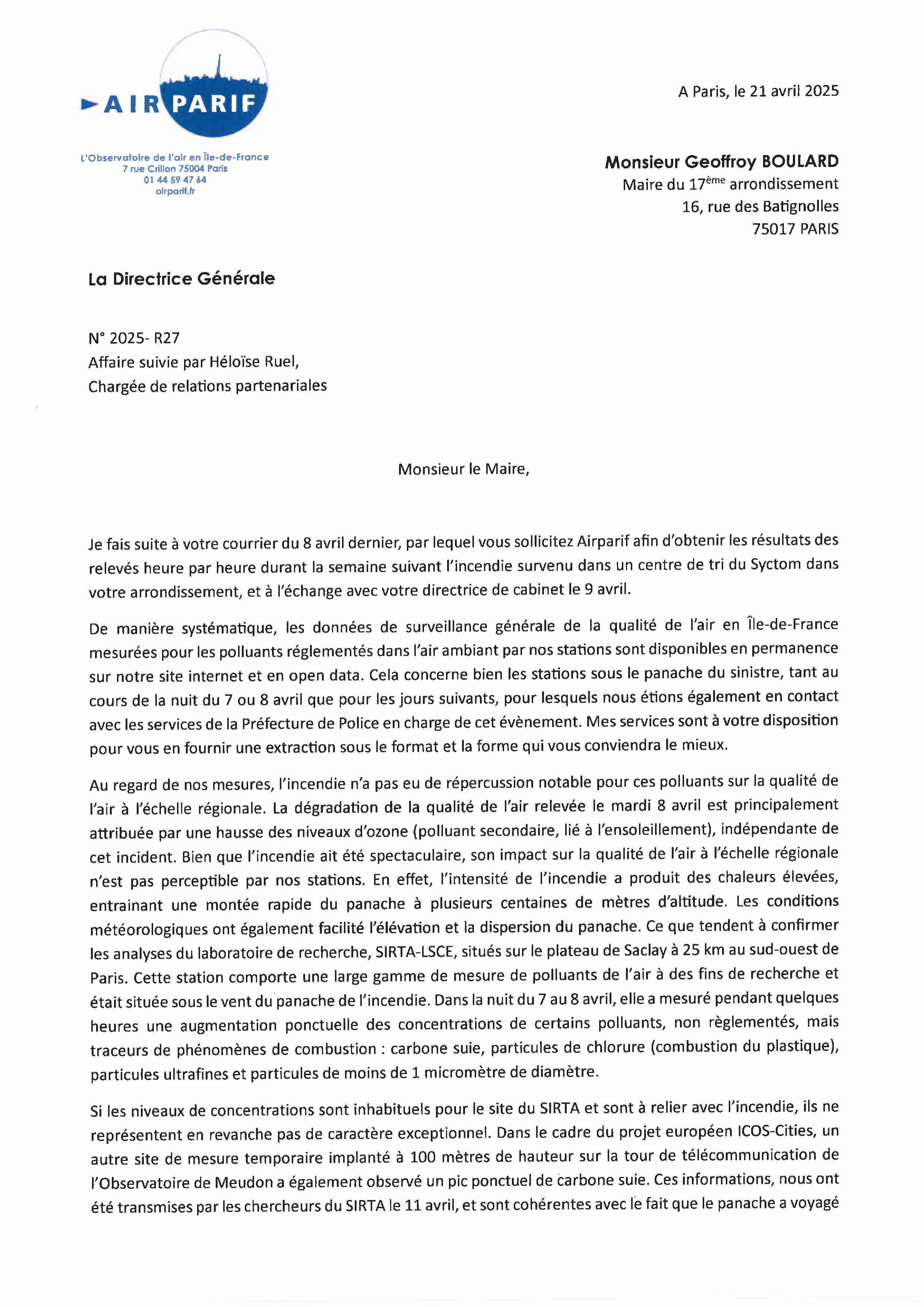 Réponse Airparif Incendie Syctom