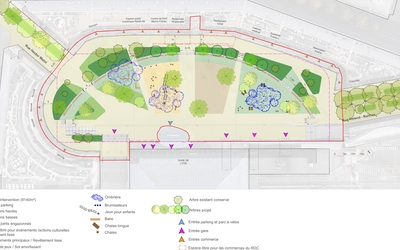 Esquisse de projet des futurs aménagement de la place Henri Frenay faisant figurer des arbres, des espaces verts, des ombrières et des brumiosateurs 