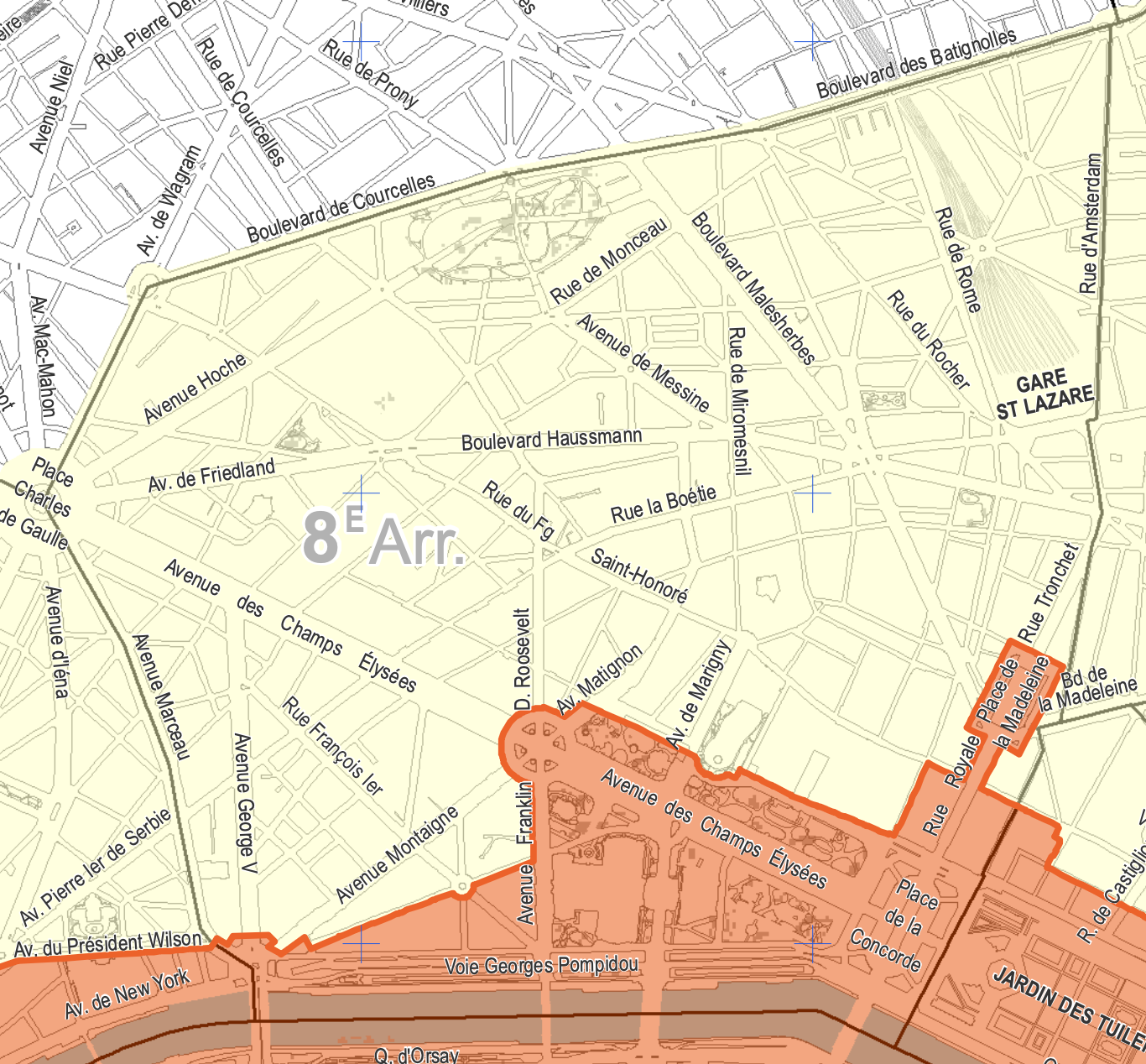 Carte en orange et jaune du 8e arrondissement