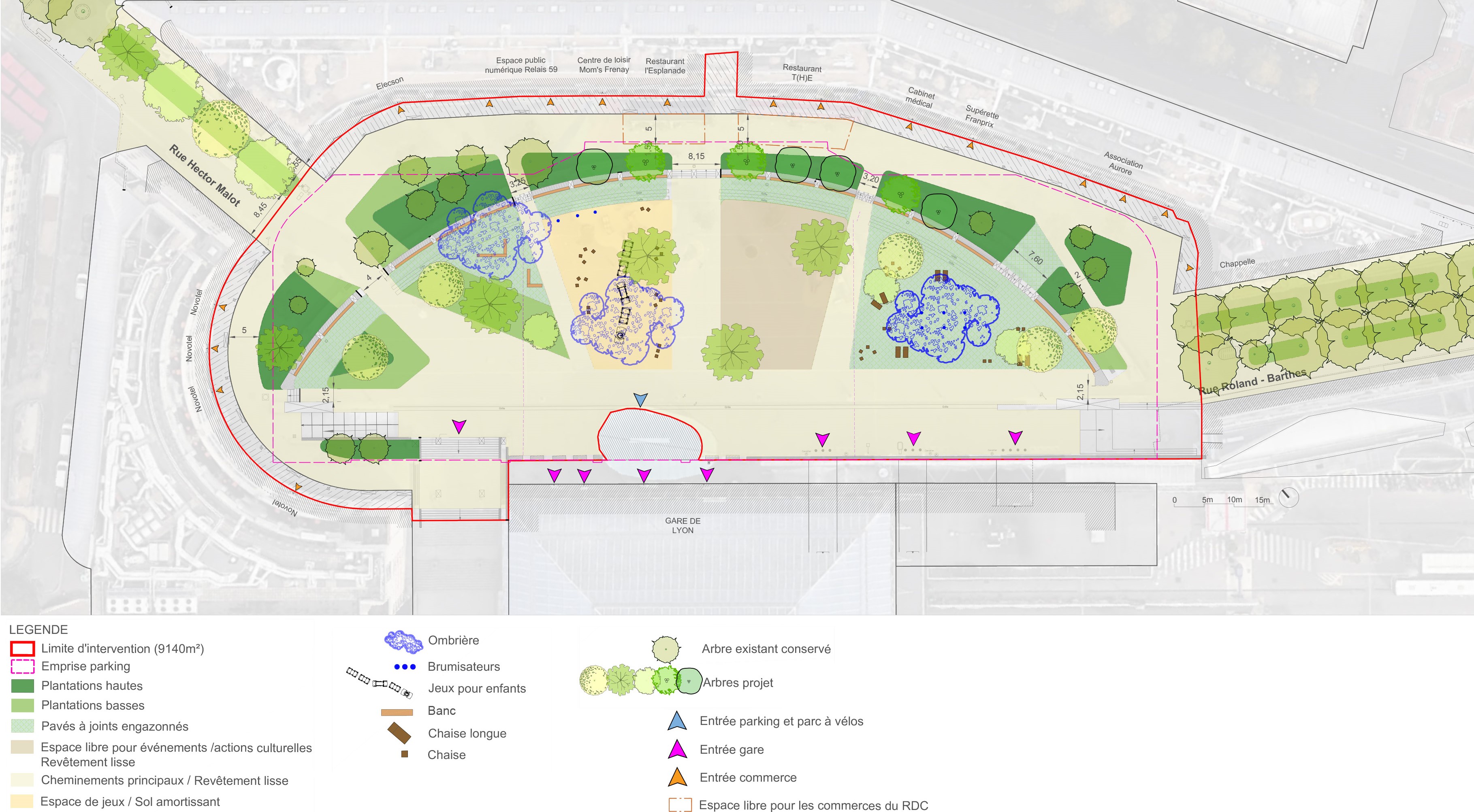 Esquisse de projet des futurs aménagement de la place Henri Frenay faisant figurer des arbres, des espaces verts, des ombrières et des brumiosateurs 