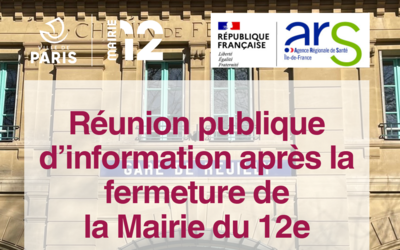 Une capture de l'affiche d'annonce de la réunion publique d'information après la fermeture de la mairie du 12ème représentant la façade de la Gare de Reuilly où sont actuellement hébergés une partie des services municipaux 